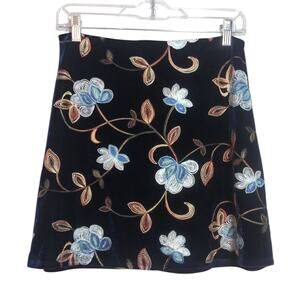 Mi ami Blue Velvet Floral Embroidered Mini Skirt Boho Festival Size Small